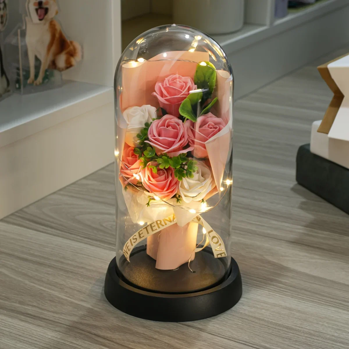 Everlasting Rose LED Glass Dome Bouquet Romantic Illuminated Ornament Perfect Valentine's Day Christmas Home Decor Romantic Gift