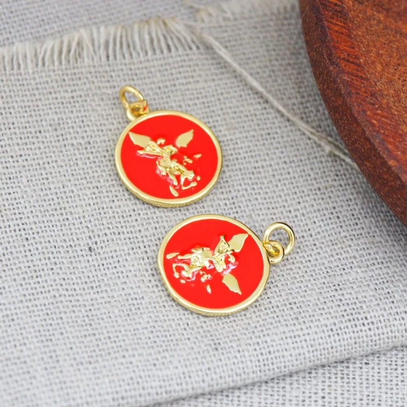 

2Pcs Defeats Devil Coin Circle Round Shape Sword And Dragon Archangel Saint Michael Enamel Charms Red Copper Jewelry