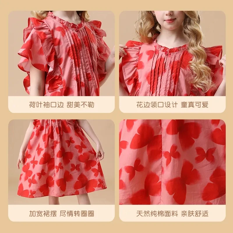 2024 Summer Kids Cotton Floral Dresses for Girls Cute Red Ruffles Princess Dress Children Outfits Clothing fits 4-12 Years