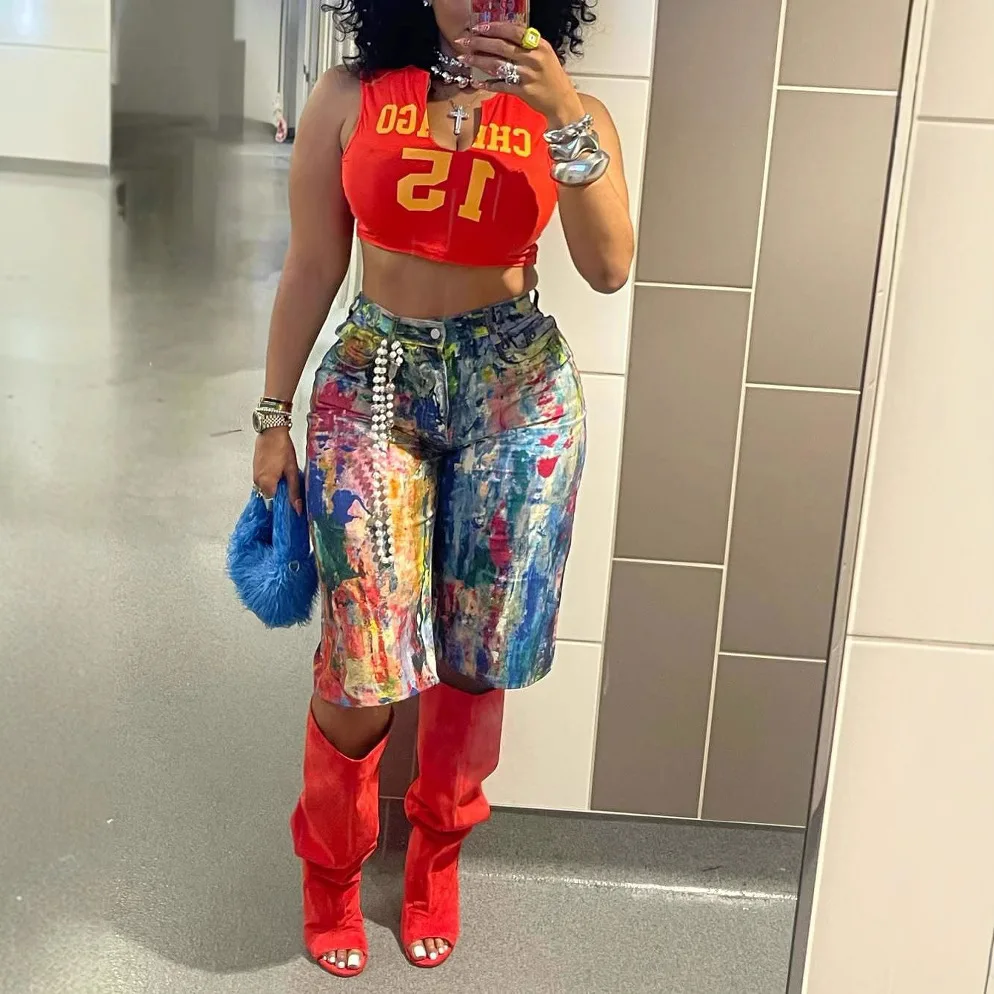 

Ink Painting Cargo Shorts Pants High Waist 2025 Summer Y2K Streetwear Clothes Fashion Trousers Sexy Pencil Pants