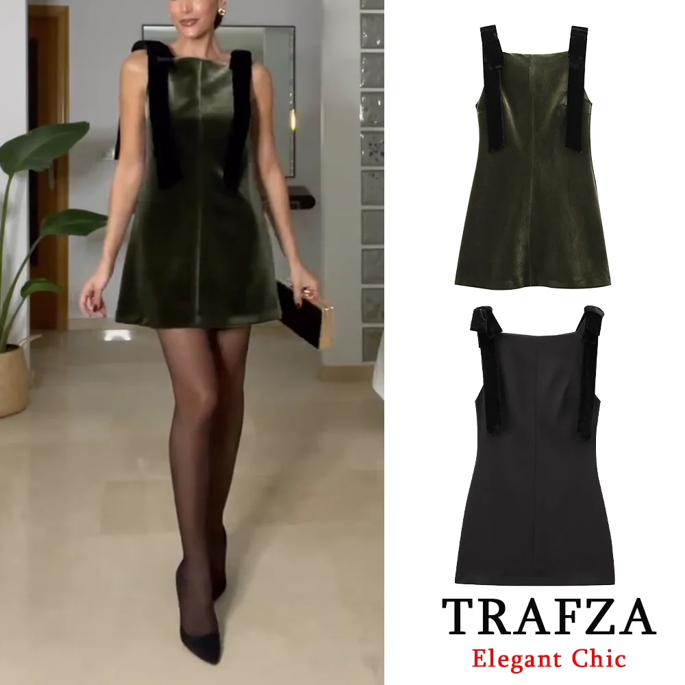 Trafza feminino vintage verde escuro preto veludo vestido arco mini vestido novo 2024 primavera outono moda natal jantar data vestido