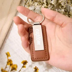 High-end Laser Custom Logo Leather Metal Keychain Blank Engrave Keyring Personalize Number Car Rring Key Chain Company Name Gift