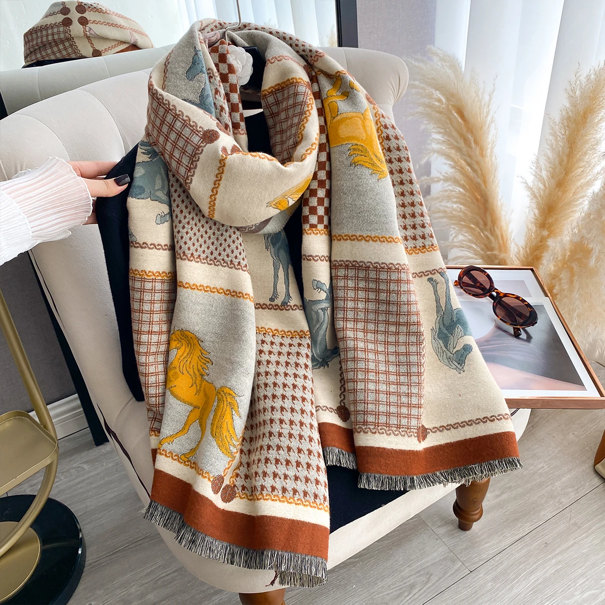 Neue Luxus Marke Zweiseitige Jacquard Schal Kaschmir Weiche Warme Fringe Pashmina Das Pferd Schal Winter Kältebeständig Winddicht Decke – Detail 10