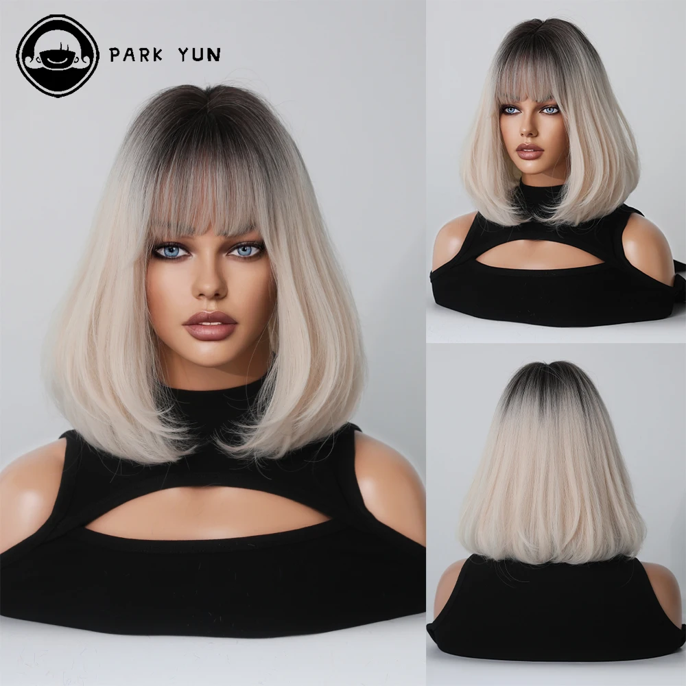 

Beige White Short Straight Hair Wigs for Women Bobs Wigs with Bangs Mixed Black Synthetic Wig Heat Resistant Party Daily Use