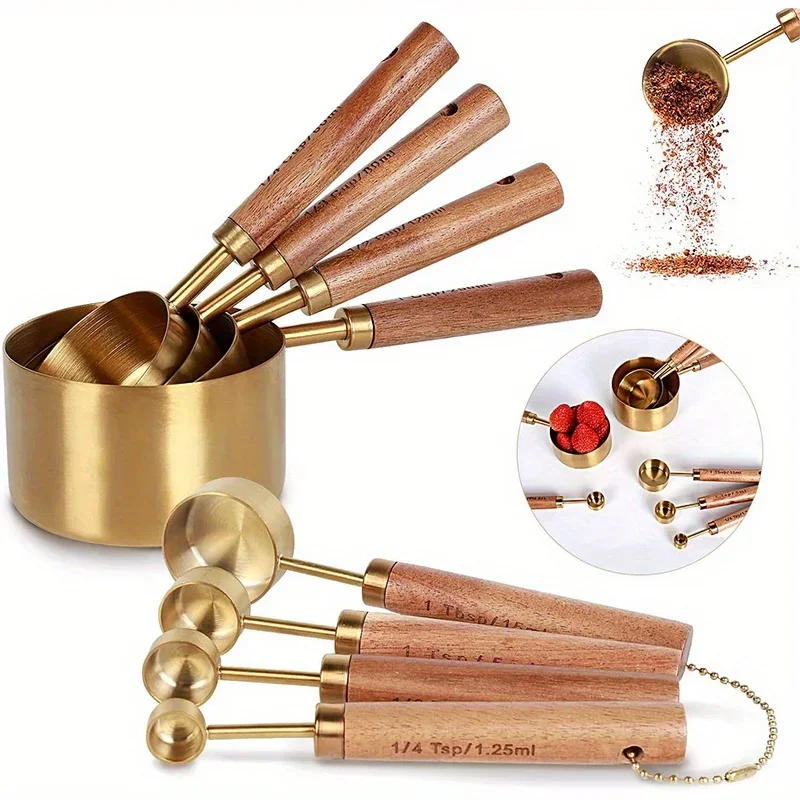 8Pcs Stainless Steel Measuring Cup Gold-plated Measuring Spoon Acacia Wood Handle Measuring Spoon Measuring Tool Set of Eight