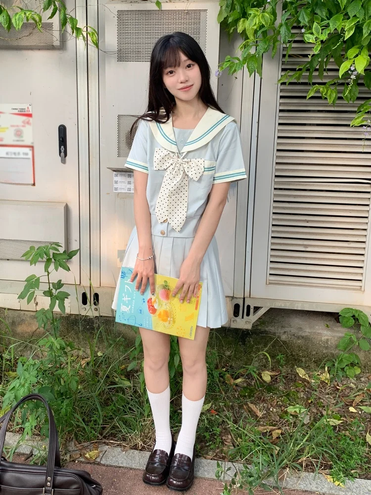 

Summer School orm Skirt Set Women's Waist-Cinching Sailor Suit ort Sve ort Skirt Thin Material Flip Collar