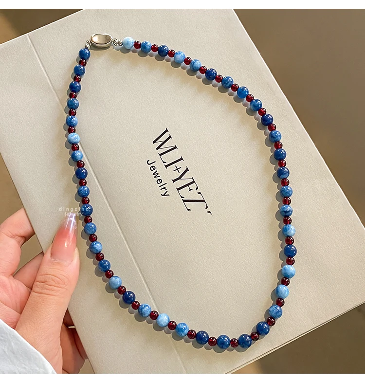 Leichter Luxus Naturstein-Perlenkette Blauer Achatstein Kurze Halskette 2025 Trendiger Schmuck für Frauen Schlüsselbeinkette Accessoires – Detail 7