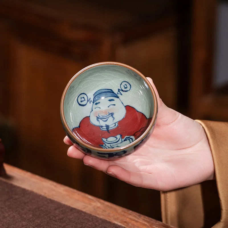 

Jingdezhen Handmade Ancient Clay Gongfu Tea Cup Hand-Painted Wealth God Owner Cup Underglaze Color Good Lu Tea Cup