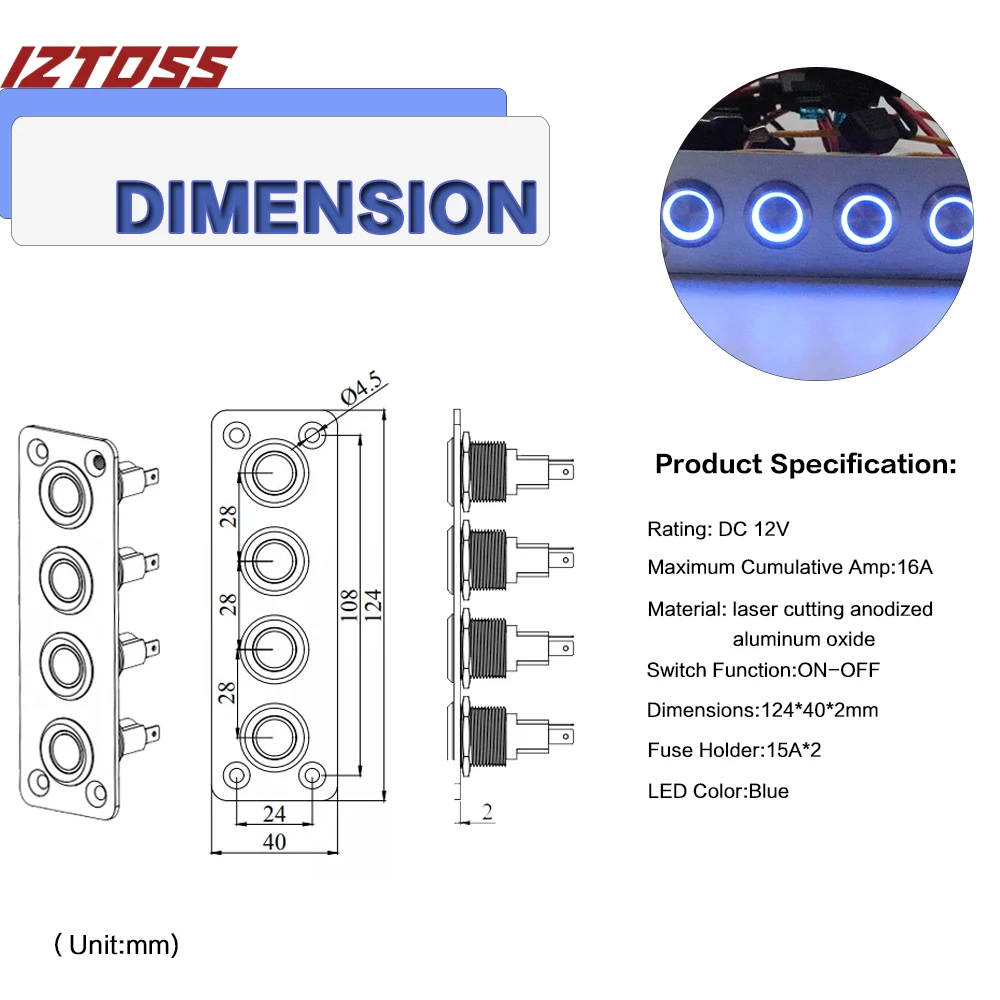 IZTOSS 4/6 Gang Aluminum Push Button Switch Panel for Marine RV Boat Caravan Yacht