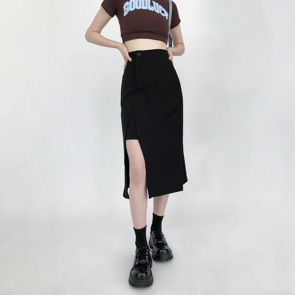 

Black Suit Skirts Women Mid-calf College A-line Summer Side-slit High Waist Korean Style All-match Streetwear Female Plus Size