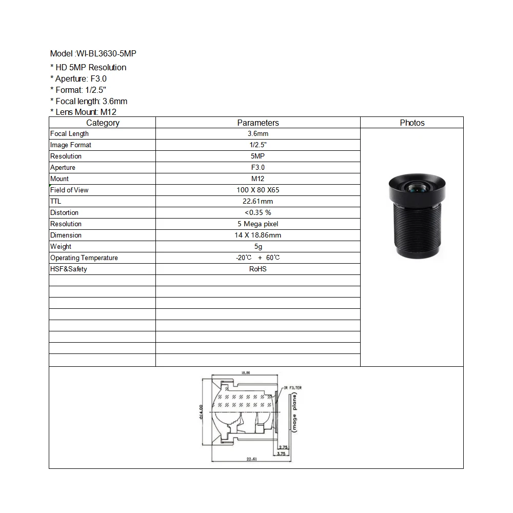 Witrue Distortion Free CCTV Lens M12 Mount 5MP 3.6mm with 650nm IR Filter 1/2.5\