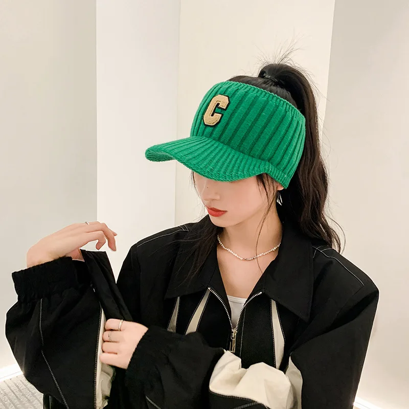 Trendy C Letter Embroidery Winter Ear Protection Warm Female Empty Top Hat Wool Knitted Fashion Spring Sunshade Peaked Cap