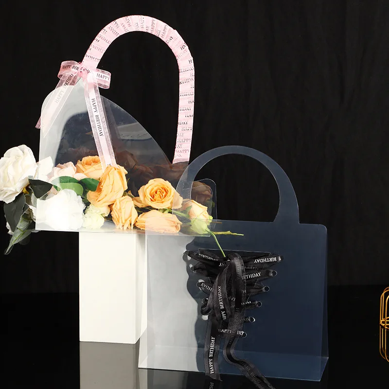 10pcs PET Transparent Flower Handbag with Handle Multifunctional Flower Bouquet Wrapping Boxes Clear Flower Bag Gift