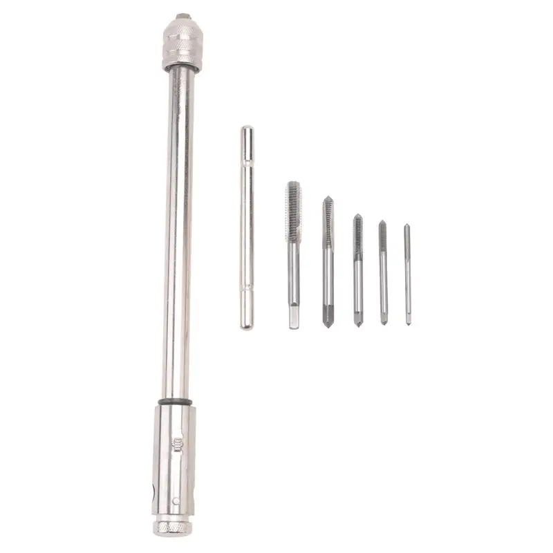Long Adjustable Silver T-Handle Ratchet Tap Wrench With 5 M3-M8 3Mm-8Mm Thread Metric Plug Taps