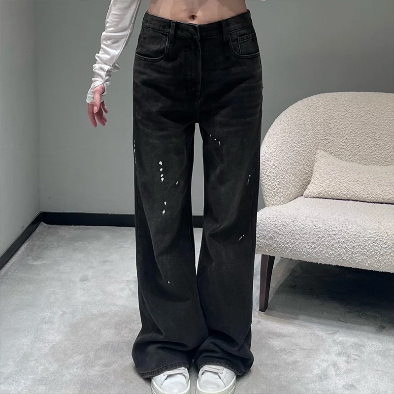

High quality Washout Design 100% Cotton Women's jeans Denim Wide-Fitting Straight Pants popular trousers 251213139