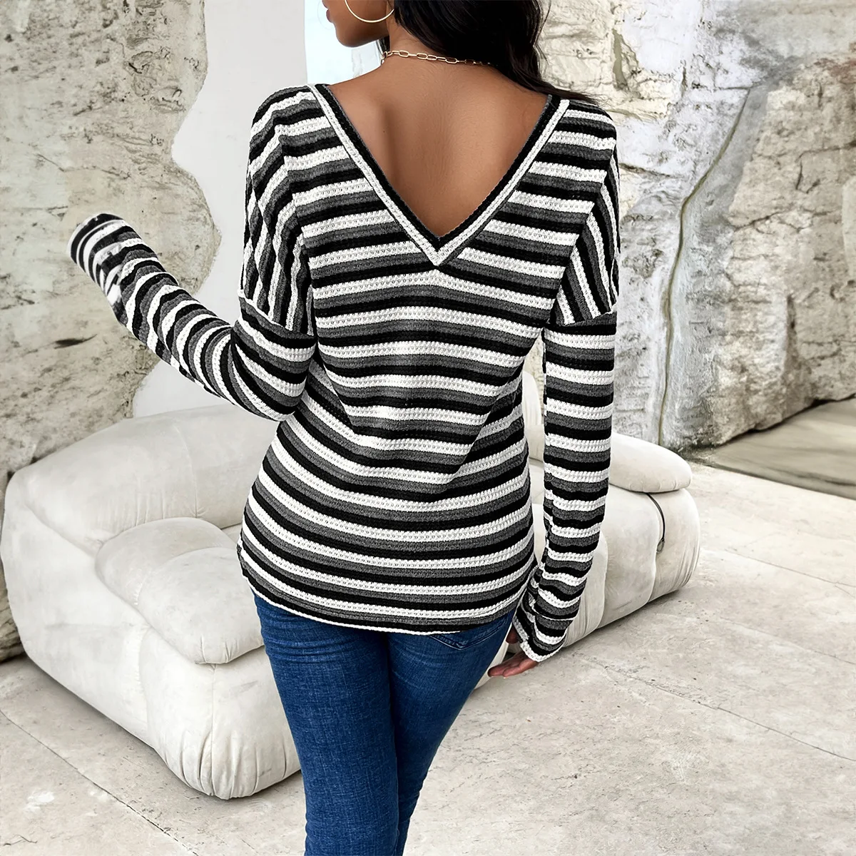 Long Sleeve T Shirt for Women Fashion Woman Blouse Stripe Streetwear Office Lady Tops 90S Vintage Clothes Y2K Female Clothing