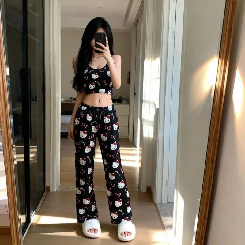 Y2K Cute Cartoon Hello Kitty Pajamas Set Women's Summer Suspender Vest Trousers Loose Casual Loungewear Two-Piece Set