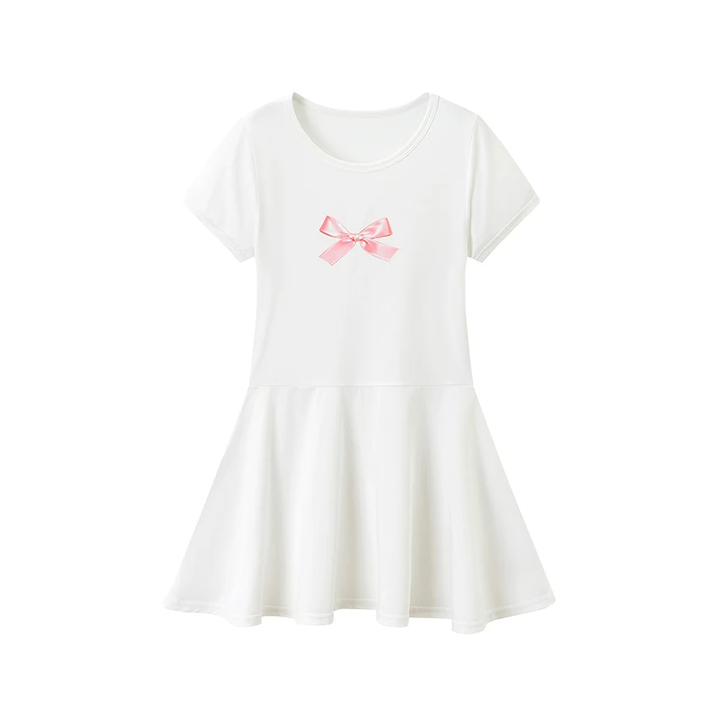 1/3-teiliges Mädchen-Sommerkleid, bequemes Freizeitkleid, süßes und niedliches Kleid mit Schleifendruck, Plissee-Kleid, Rundhals-Knielanger Rock – Detail 8