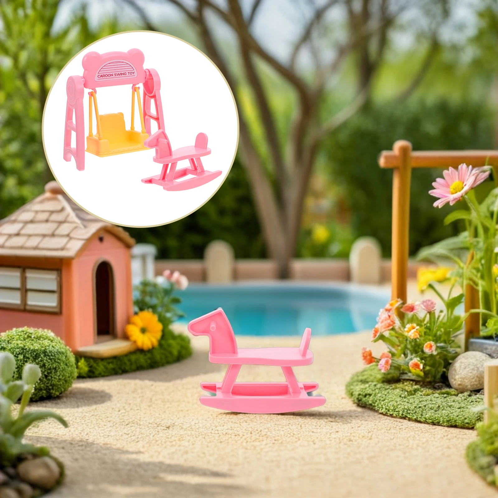 2 ensembles de meubles de maison de poupée, Mini chaises, ornement, balançoire, Micro modèles de paysage, assemblage facile, intérieur et extérieur