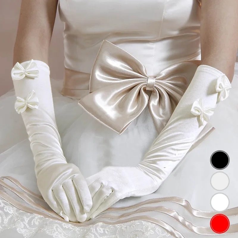 Bridal Gloves Finger Double Bow Beaded Mid Length Satin Satin Wedding Dress Red White Beige Black Sleeves wedding gloves