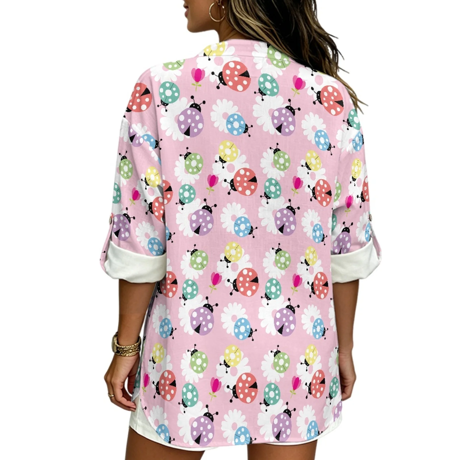 PENSTROLL Ladybug and Daisy Trendy Casual Loose Fit Blouses for Ladies Linen Like Long Sleeve Shirts Casual Blouses