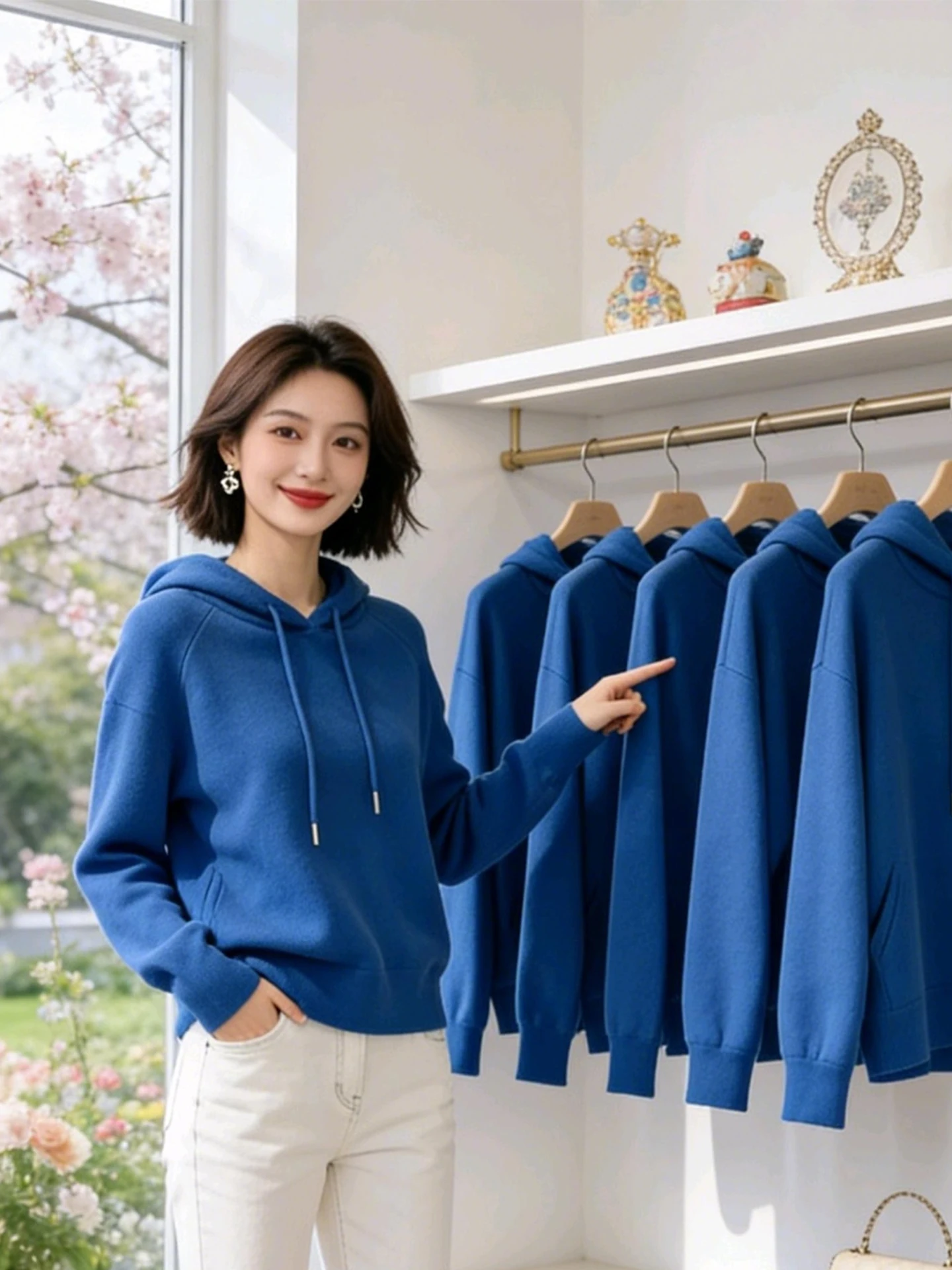 

Весенняя повседневная женская толстовка с длинным рукавом, синего цвета с белыми вставками, улучшенная посадка, стандартная модель, худи с капюшоном