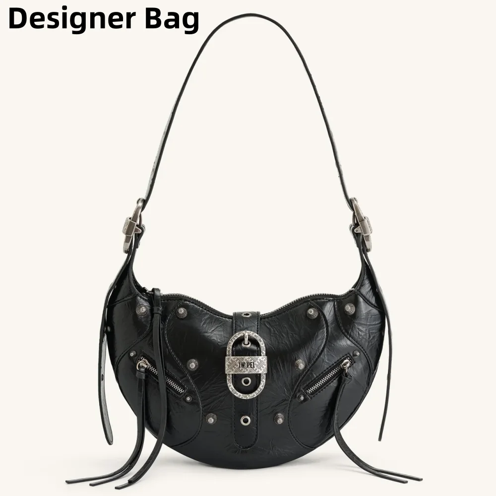 

JW PEI 2026Oil Wax Leather Horn Bag for Women's Large Capacity Motorcycle Bag, Single Shoulder Crossbody Bag, Luxury Underarm
