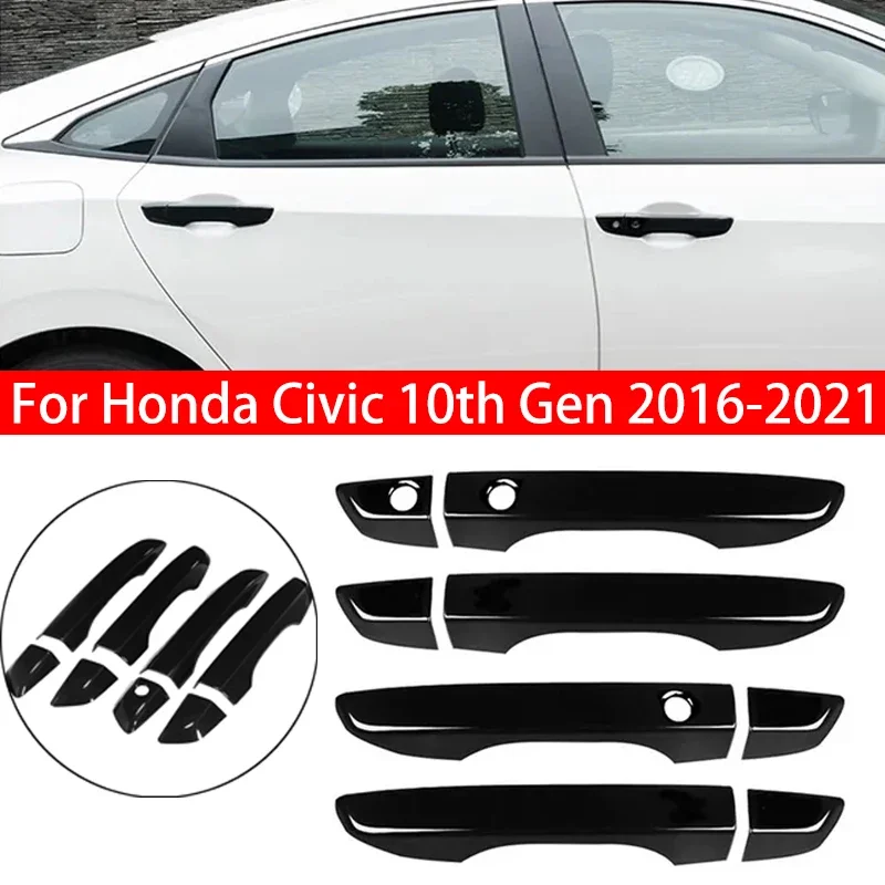 For Honda Civic 2016 2017 2018 2019 2021 Door Handle Moulding Covers 3D Trims Decoration Car Carbon Fiber Glossy Black Exteriors