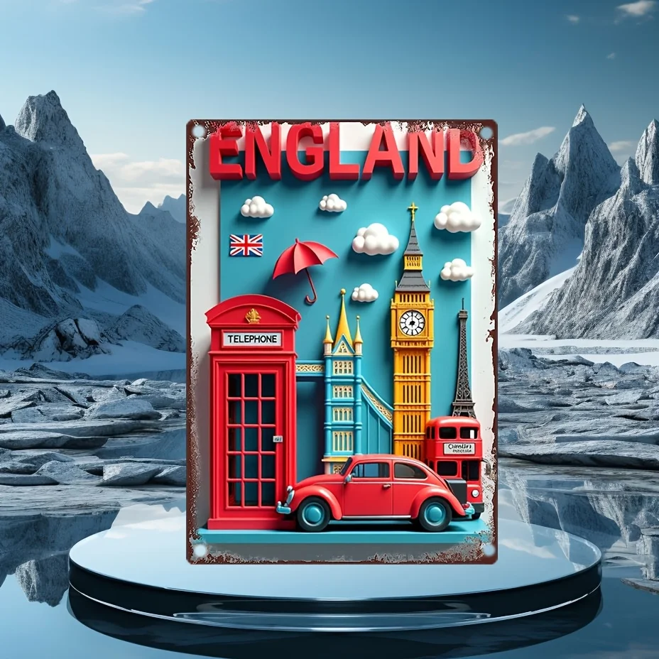 Retro-Metallschild – England-Wandkunst mit ikonischen Londoner Sehenswürdigkeiten (Big Ben, rote Busse, Telefonhüllen) – Blechschild für Zuhause