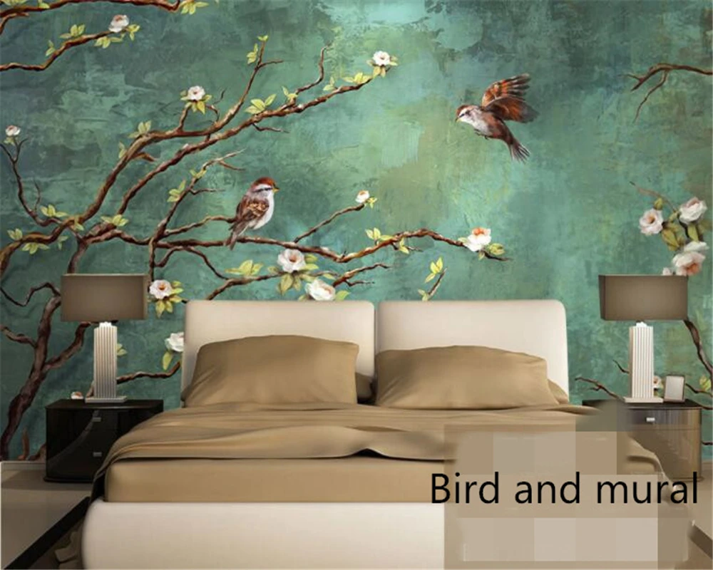 Customized products wallpaper mural hand-painted painting flowers and birds fashion interior green background decoration bedroom