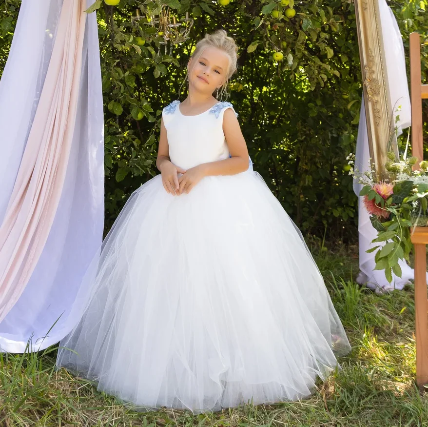 

Long Length Flower Girl Dresses For Wedding Guest Kids Bridesmaid With Bow White Ivory Tulle First Communion Dress
