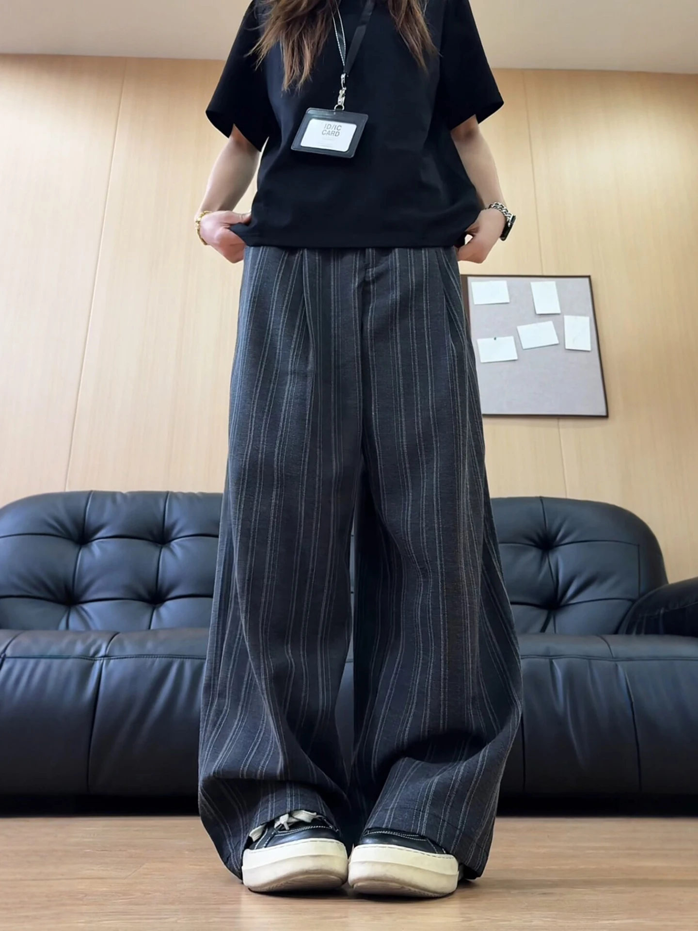 

Cleanfit Ice Silk Casual Pants Striped Loose Fit Straight Leg Summer Thin Wide Leg Knife Trousers for Men And Women