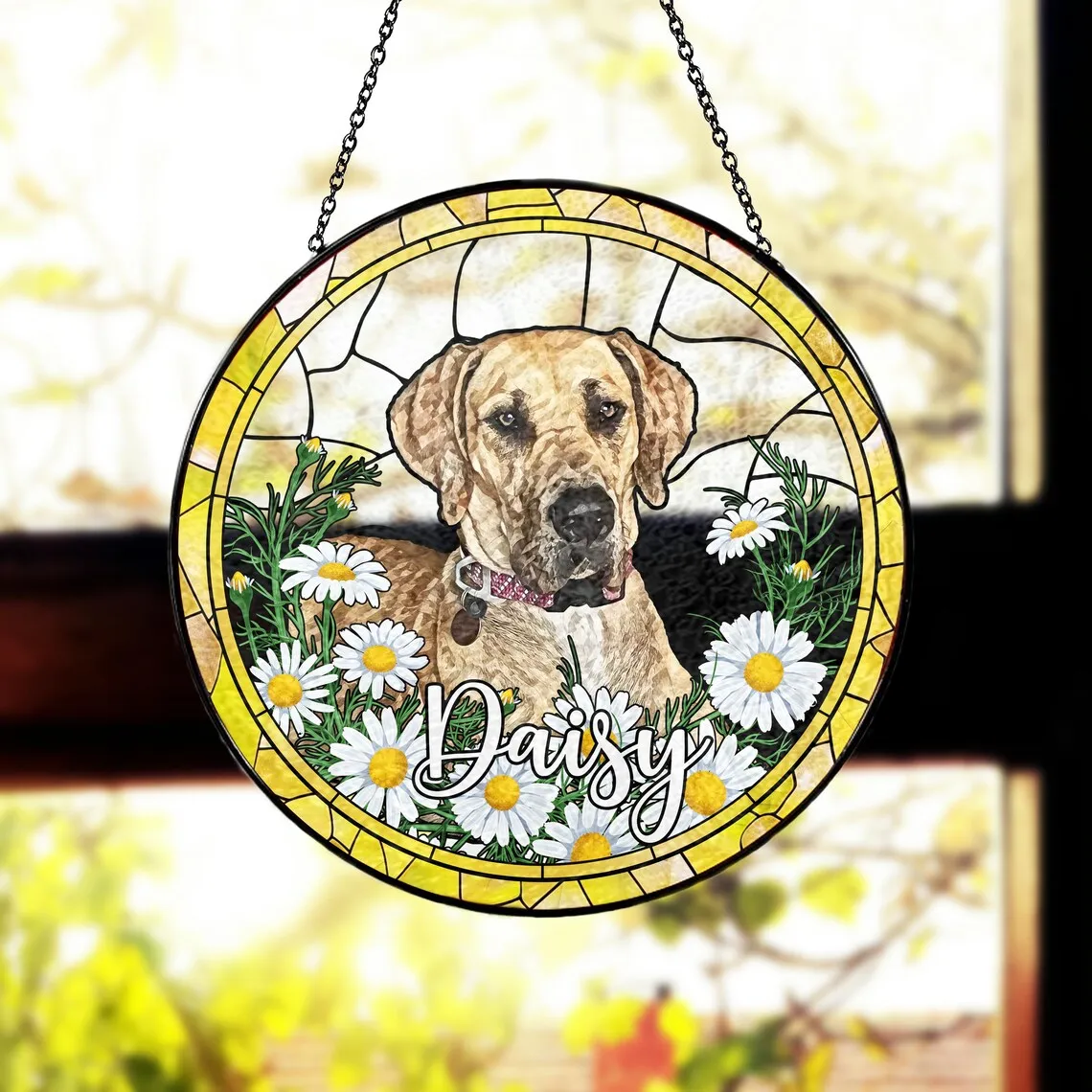 

Personalized Stained Glass Dog Suncatcher - Custom Pet Memorial Keepsake, and Handcrafted Pet Portrait from Your Photo