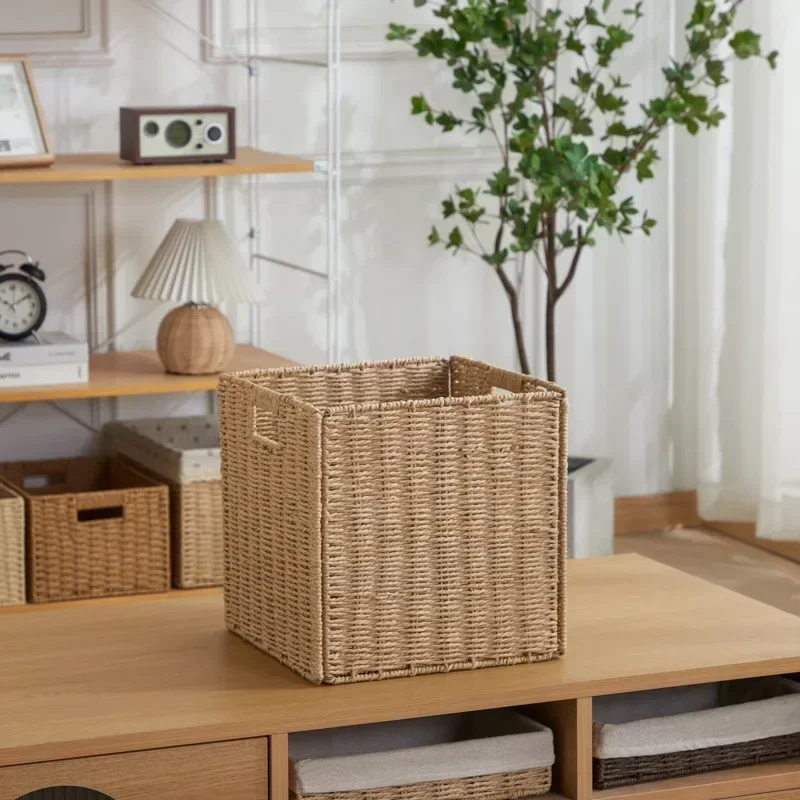 Household Clothes Sundries Toys Organizer Laundry Basket Room Container Folding Imitated Woven Rattan Storage Basket with Handle