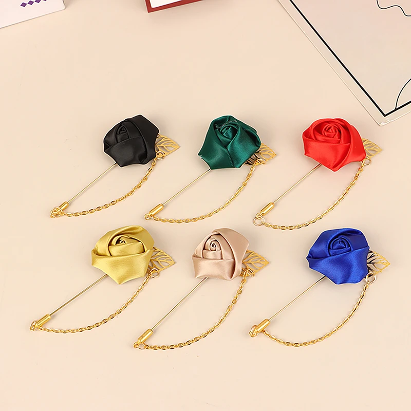 

1pc Men's Suit Rose Flower Brooches Fabric Ribbon Tie Lapel Pin With Tassel Chain Men Wedding Brooch