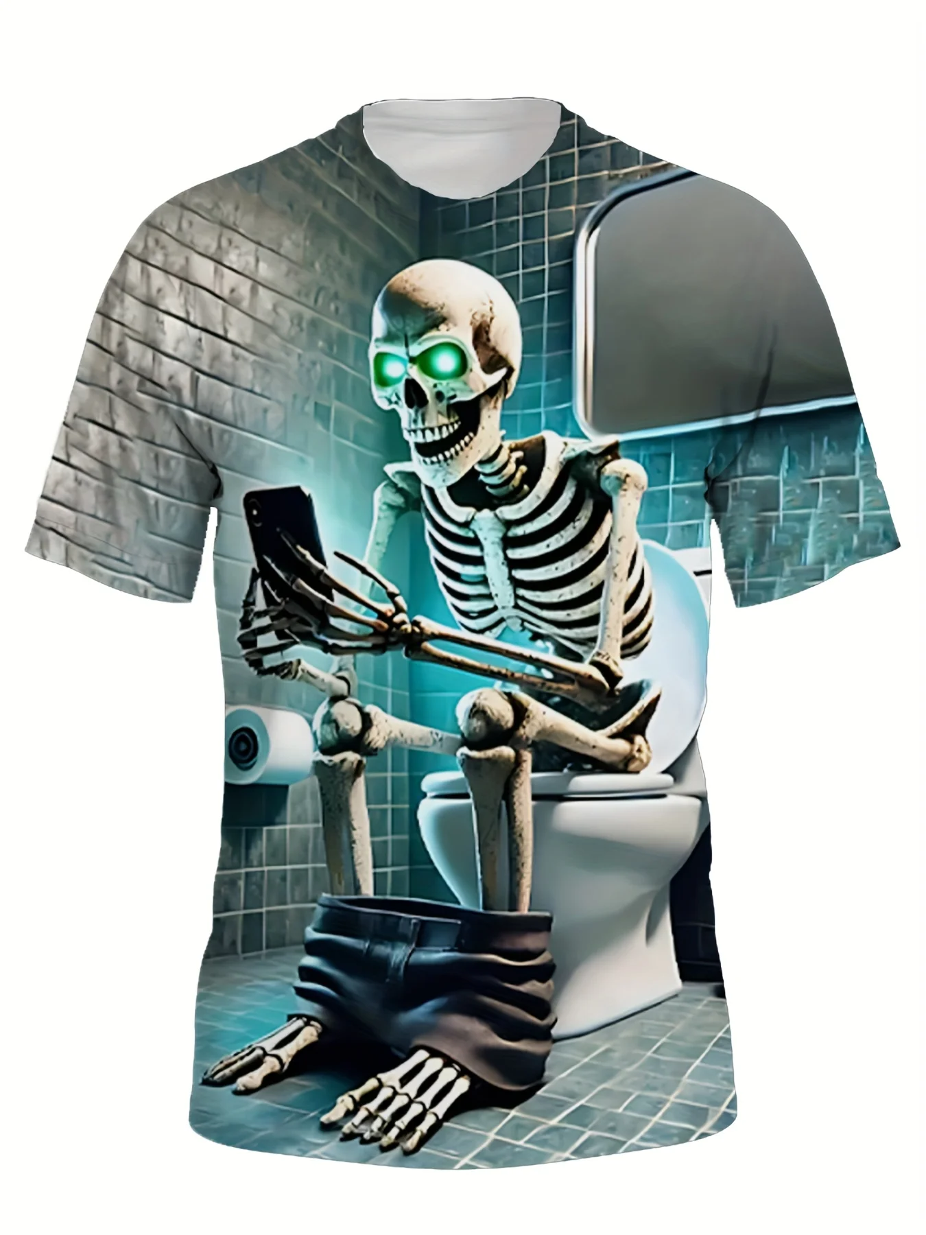 

Men's Plus-Size Funny Skeleton Graphic T-Shirt - Humorous Toilet Scene with Green Glow Eyes - Lightweight Summer Streetwear Tee