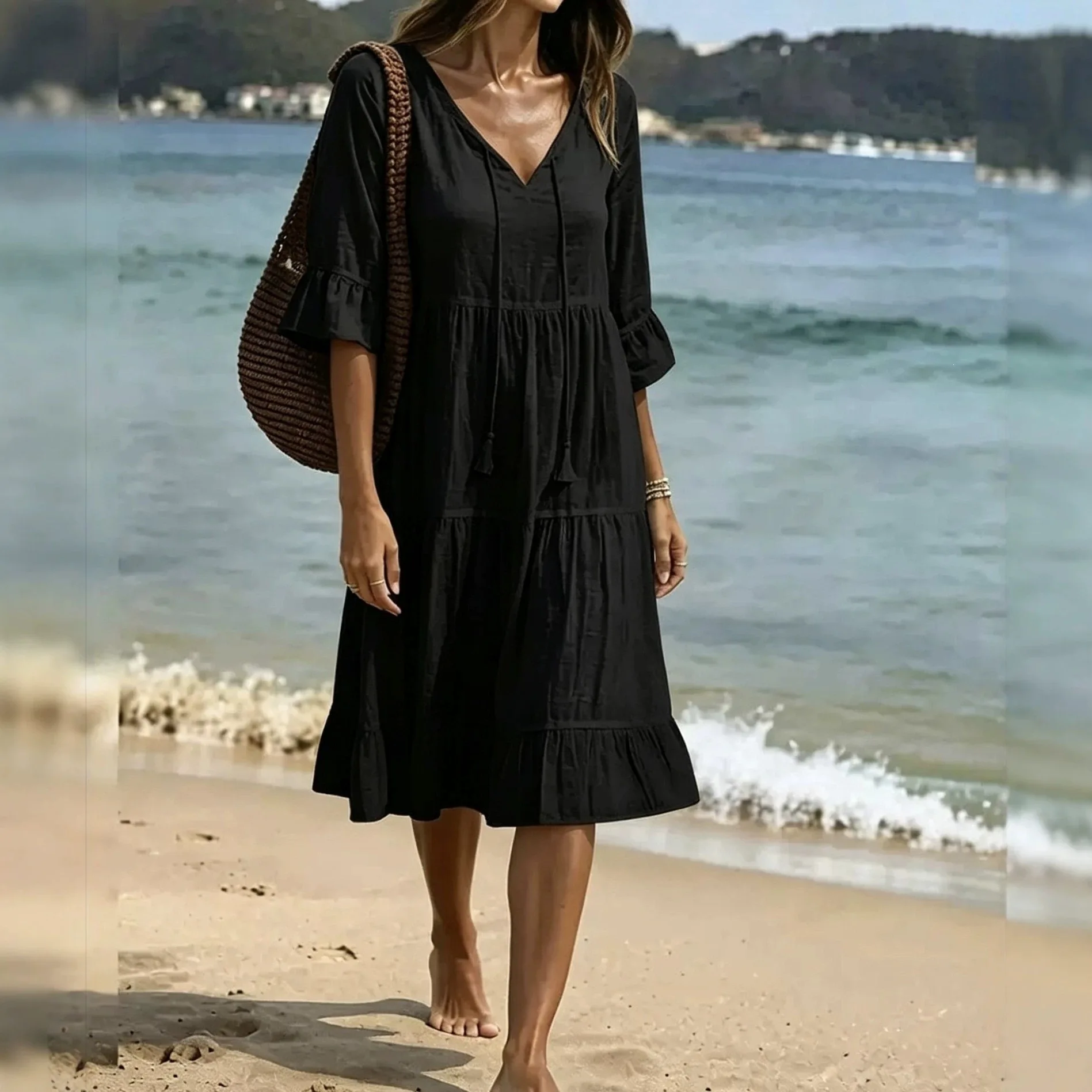 Women Spring Autumn Layered Tassel Loose Puff Sleeve Hoilday Dress