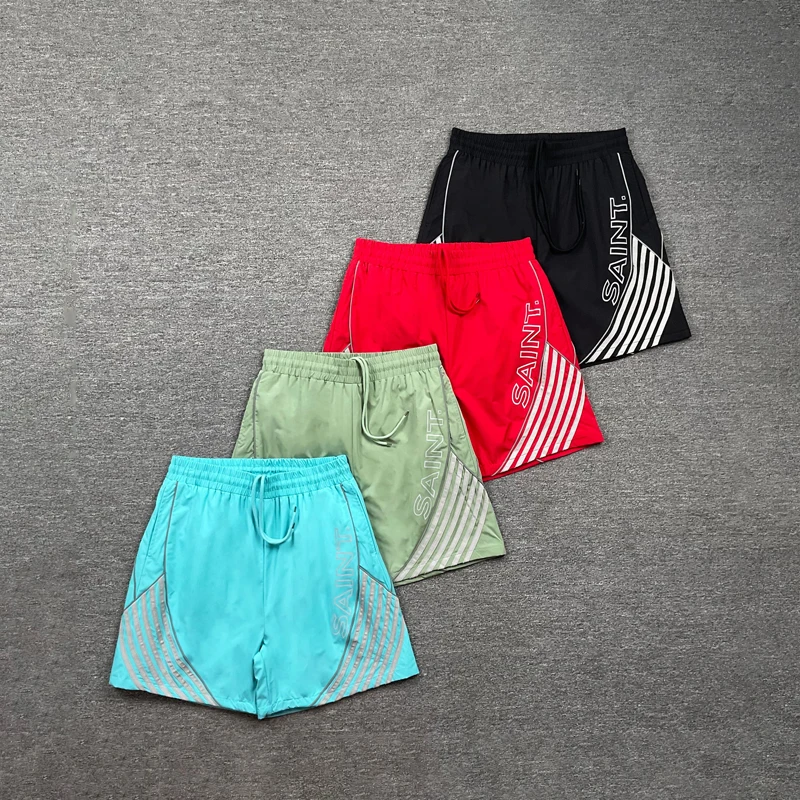 New Y2K Luminous Strip Running Shorts Multi‑color Letter Print Loose‑fit Hip‑hop Street Casual Saint Short Pants