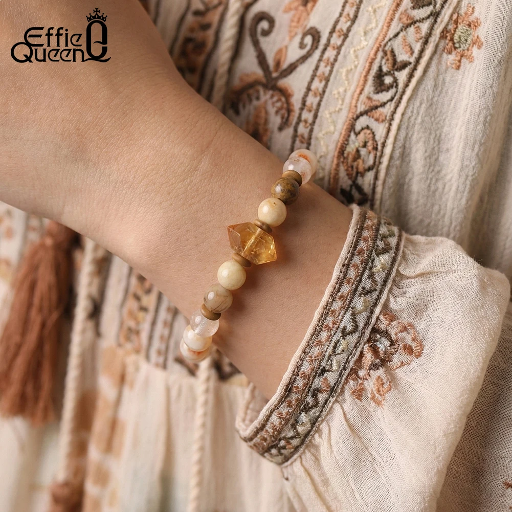 EFFIE QUEEN Natural Stone Bead Bracelet White Phantom Yellow Opal Boho Beach Summer for Women Crystal Jewelry Adjustable GMB89 3