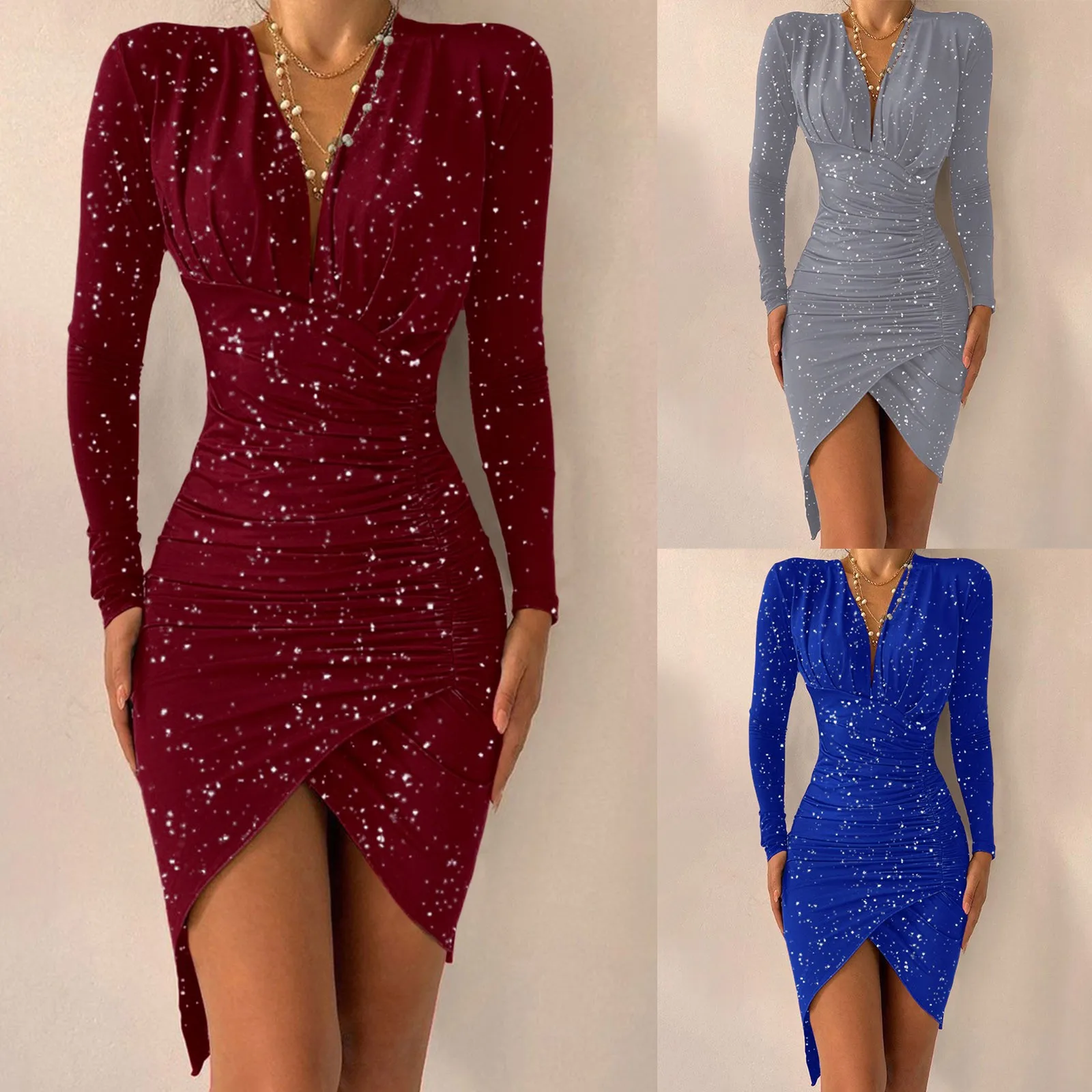 Sexy Sequin Slim Long Sleeve Bodycon Mini Dress Women High Waist Ruched Party Evening Dresses Ladies Clubwear Vestidos Dress