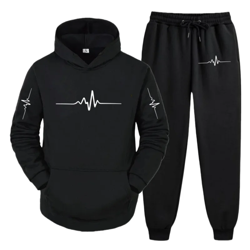 

2025 New Men's Fleece Sportswear Set – Hooded Sweatshirt & Sweatpants with ECG Print, High Quality Fall/Winter Long Sleeve Suit