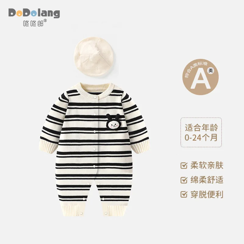 New Autumn and Winter Knitted Jumpsuit for Infants and Young Children, Women's Clothing, Spring Men's Striped Crawling Clothes