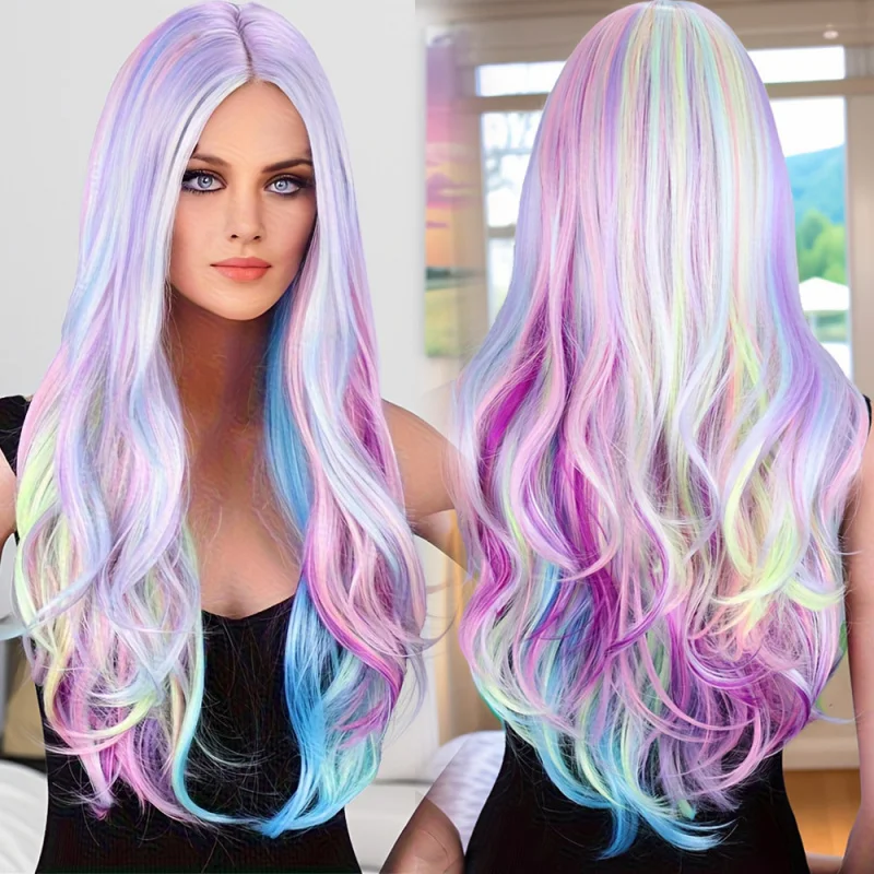 

Новый парик для женщин: длинный, вьющийся, с градиентом цветов, из термостойкого волокна, в стиле аниме, с челкой посередине.