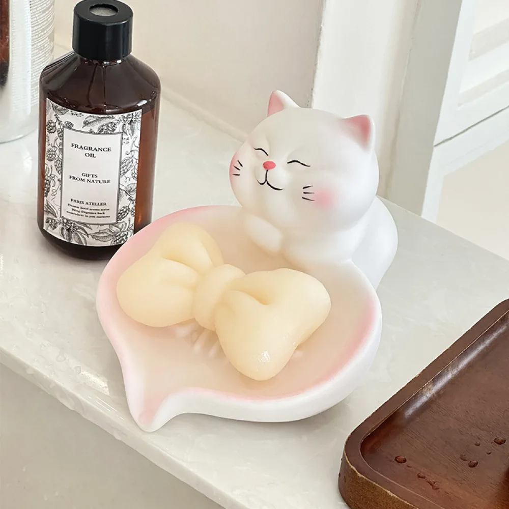 Creative Animal Soap Holder Cute Cat Dish Bathroom Draining Case Soapbox Decorative Countertop Storage Organizer Home Accessory