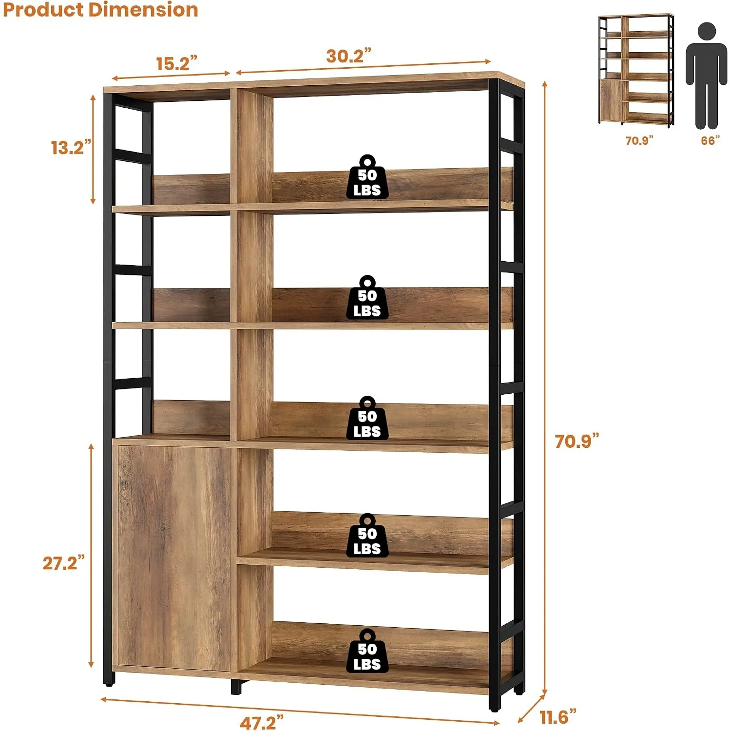 5 Tier Bookshelf with Doors and Adjustable Shelf, Brown