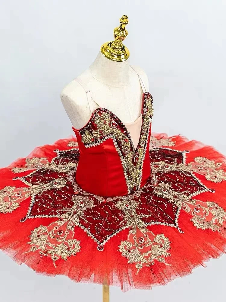 Red high-end ballet TUTU 3D three-dimensional flower performance competition dance costumes tailored for adults and children