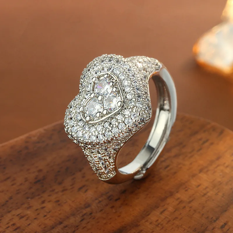 

925 Silver Heart-Shaped Ring with White Zirconia Full Micro Pave Diamond-Cut Band Sparkling Bridal Gift for Women Luxury Jewelry