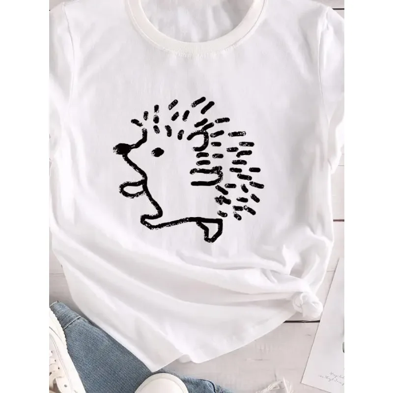 Cartoon Hedgehog Pattern Printed Round Neck T Shirt Kawaii Casual Loose White Short Sleeve Fashion Summer Women's T-Shirt Tops