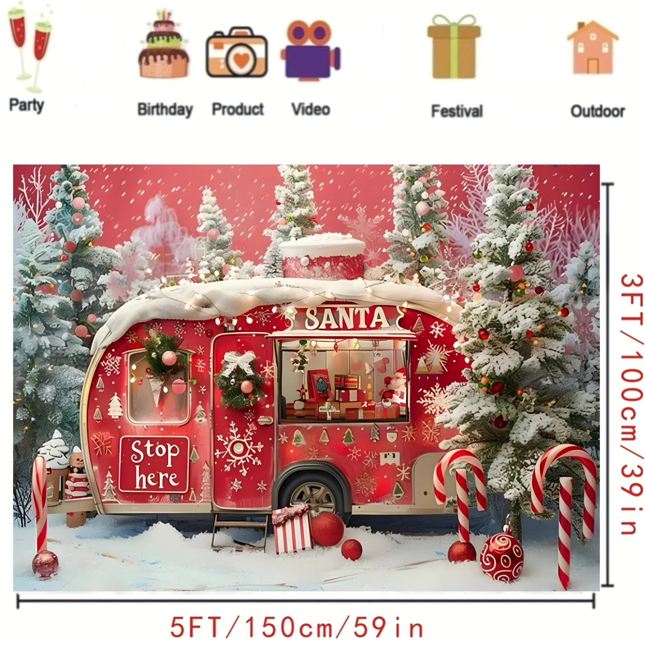 Santa\'s Cartoon RV Christmas photo background - Winter snowy forest trees with holiday snowflake party decorations