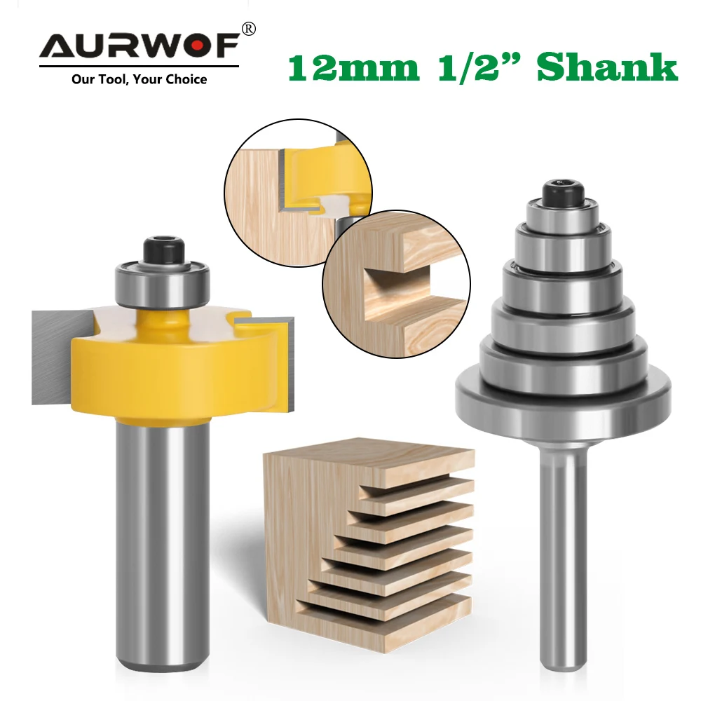 AURWOF 12mm 12.7mm Shank Rebate Router Bit Set With 6 Bearings Adjustable 1/2